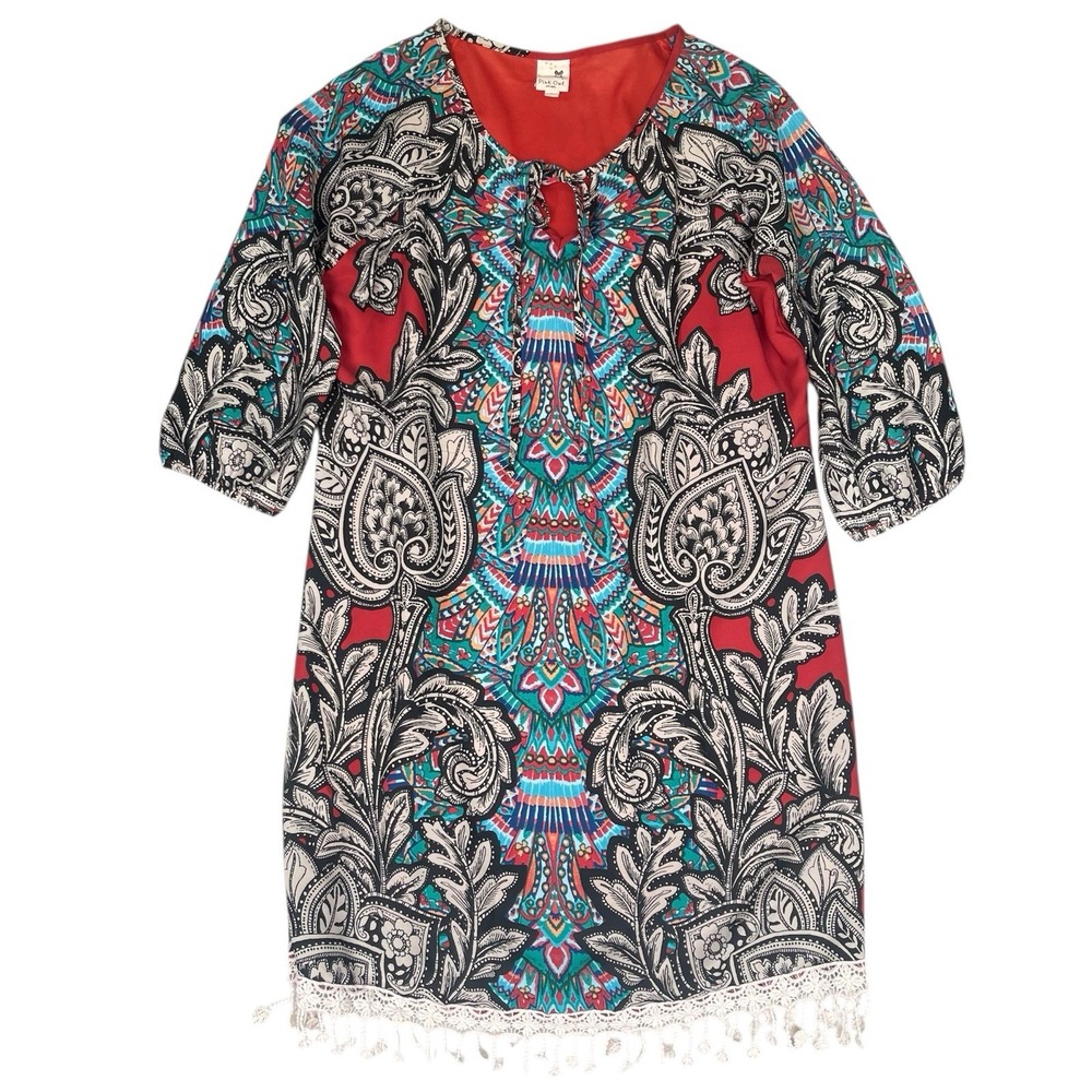 Pink Owl Dress Womens L Orange Paisley Tribal Boho Chic Coquette Hippie Beach‎